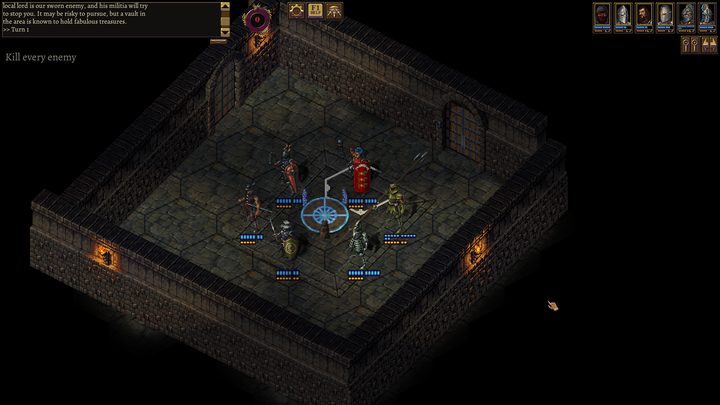 A squad surrounded in a torch-lit vault room