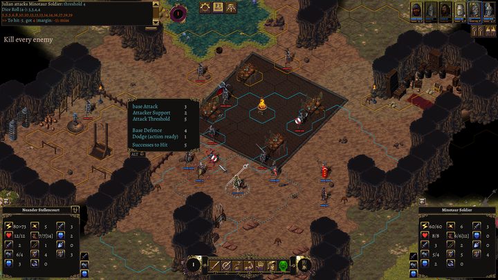 Attack odds tooltip during a fight with minotaur soldiers in a fortified camp