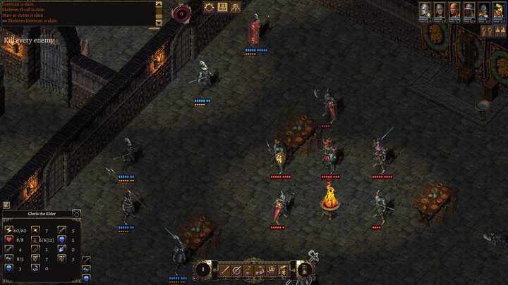 Knights fighting a necromancer cabal and its skeletons in a dungeon