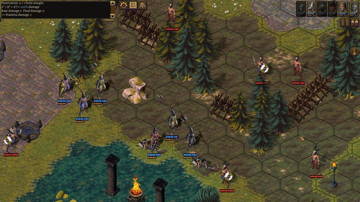 Knights and beastmen skirmishing in a pine forest