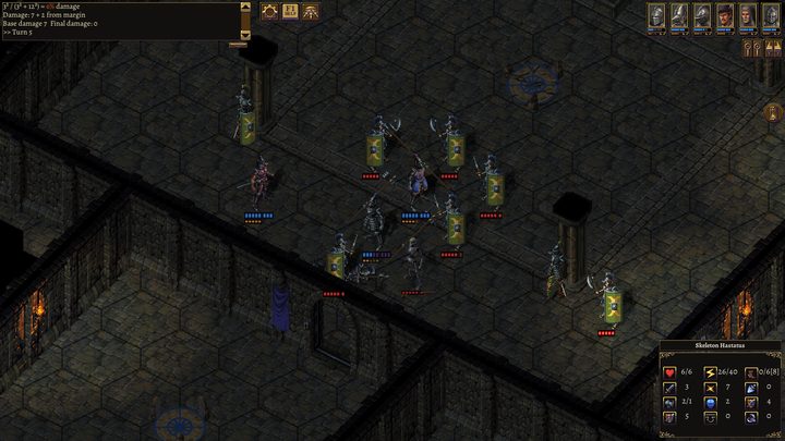 Skeleton shield wall being flanked in a stone hall