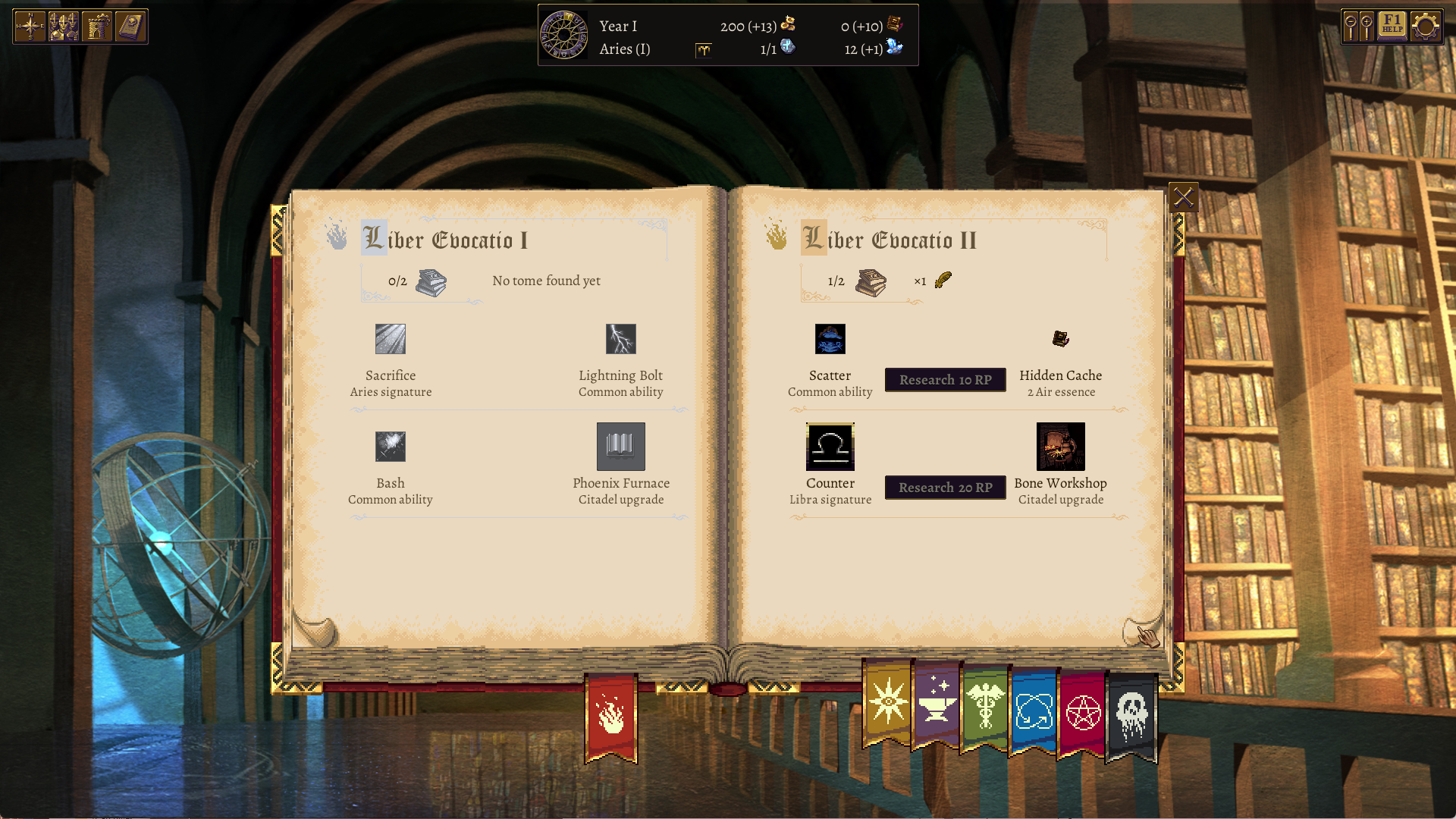 The magic research screen, with its seven schools